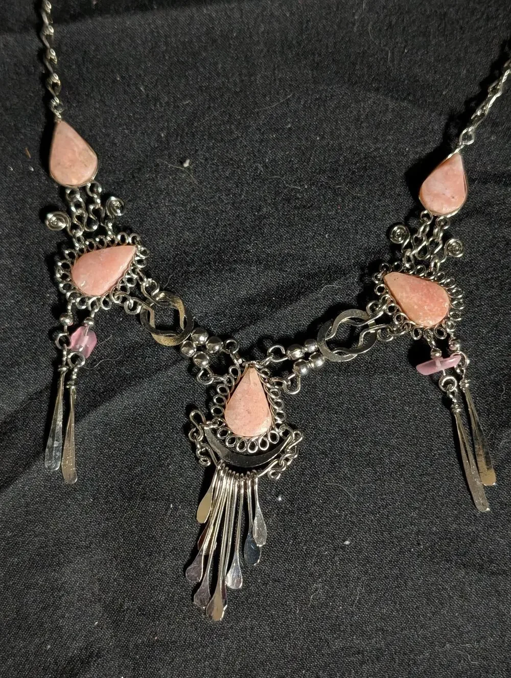 Bohemian Pink Opal Stone Necklace Silver Fringe Western Festival Coquette Y2K